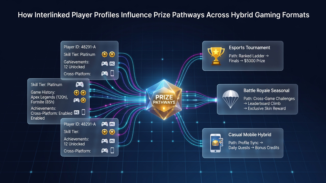Illustration vernetzter Spielerprofile in hybriden Gaming-Umgebungen
